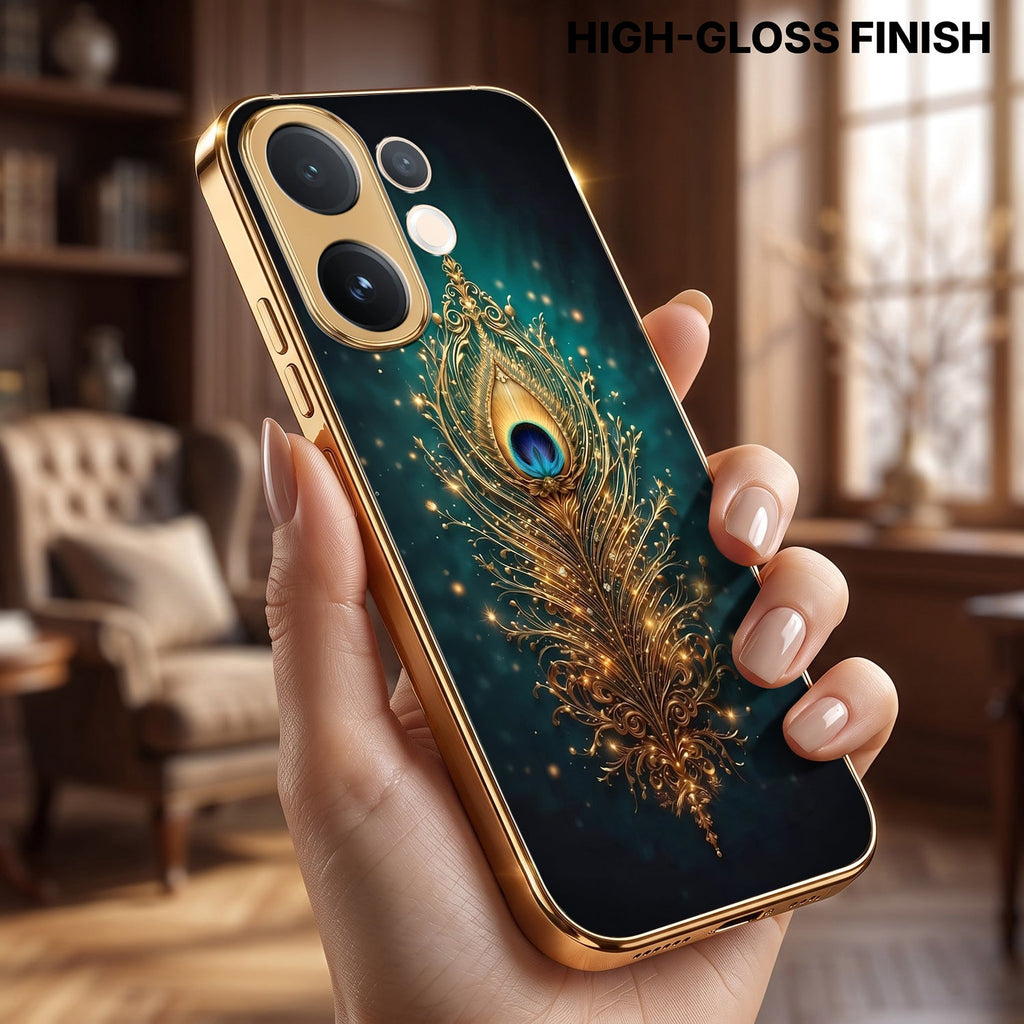 Vivo T4 Pro 5G Golden Peacock Feather Gold Electroplated Glass Phone Back Case