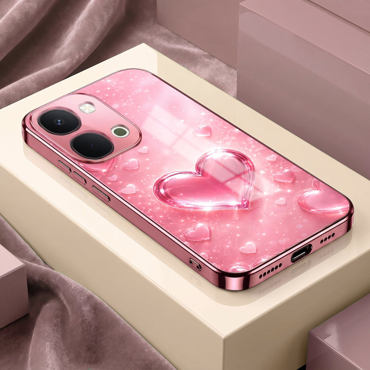 Vivo T5x 5G Luxury 3D Jelly Heart Pink Electroplated Glass Phone Back Case