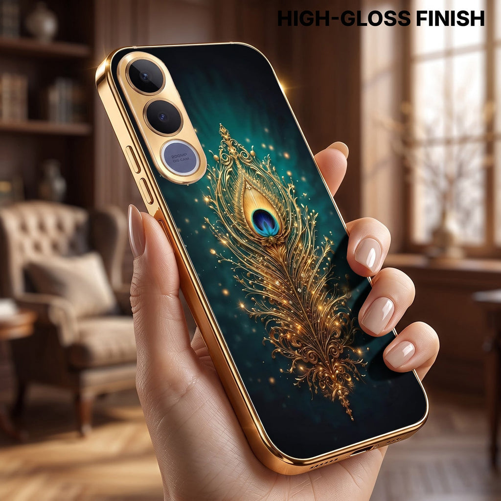 Vivo V70 FE 5G Golden Peacock Feather Gold Electroplated Glass Phone Back Case