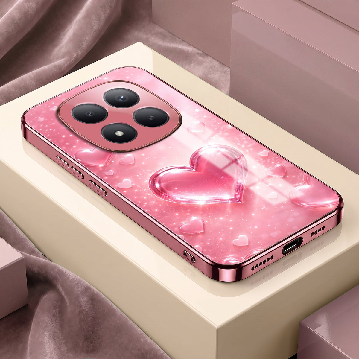 Redmi Note 15 Pro+ 5G Luxury 3D Jelly Heart Pink Electroplated Glass Phone Back Case