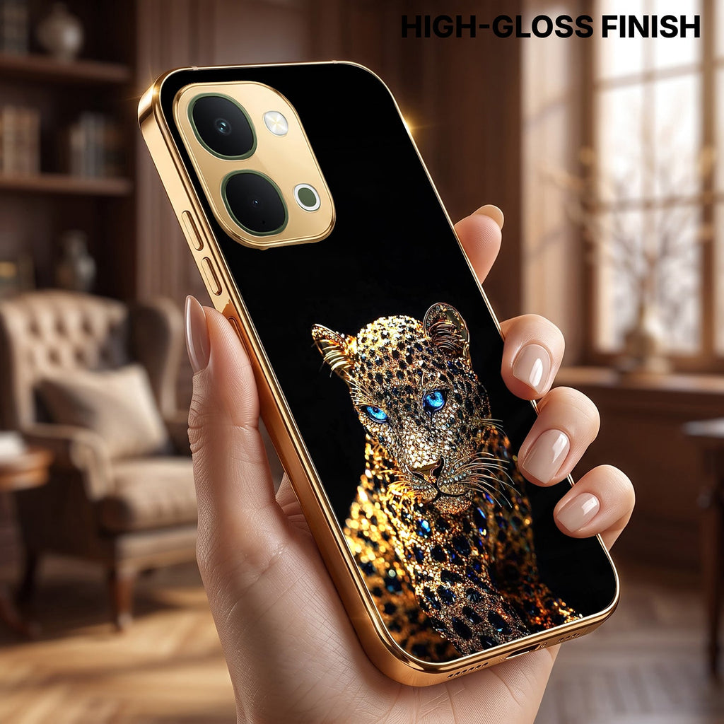 Vivo T5x 5G Panther Gold Electroplated Glass Phone Back Case
