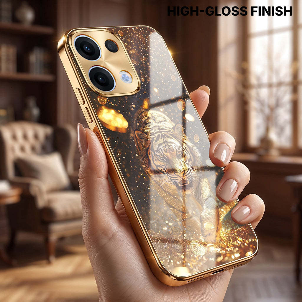 Oppo Reno 13 5G Luxury Tiger Gold Electroplated Glass Case