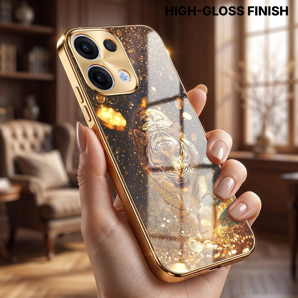 Oppo Reno 13 5G Luxury Tiger Gold Electroplated Glass Case