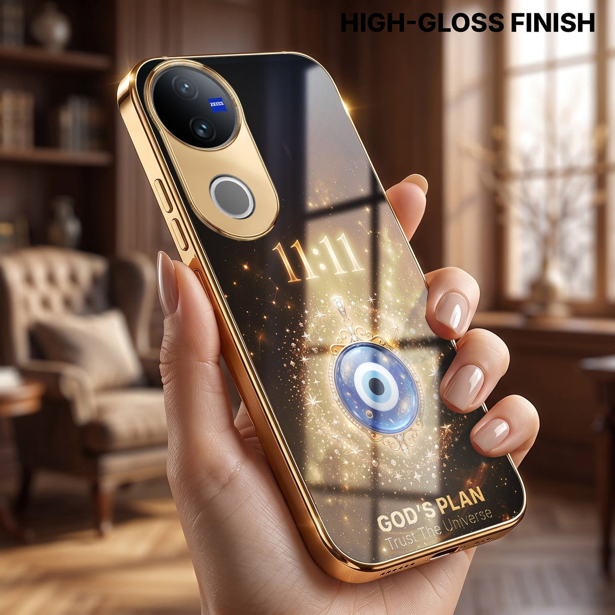 Vivo T4R 5G God’s Plan Evil Eye Gold Electroplated Glass Phone Back Case