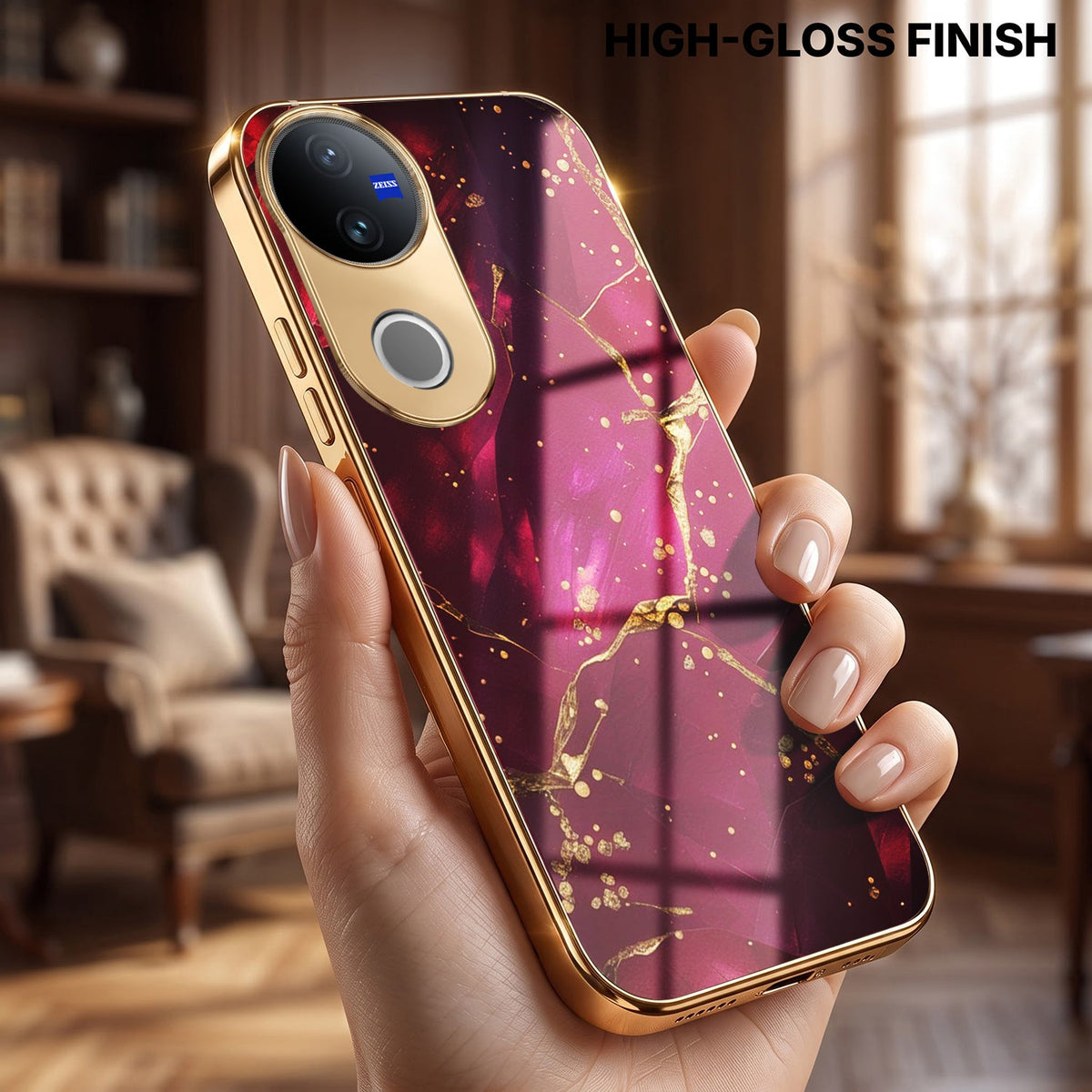 Vivo V50 5G Luxury Crimson Gold Marble Electroplated Glass Case