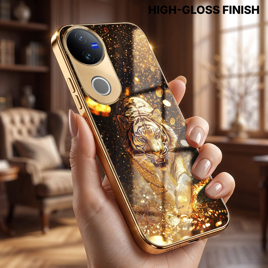 Vivo V50 5G Luxury Tiger Gold Electroplated Glass Case