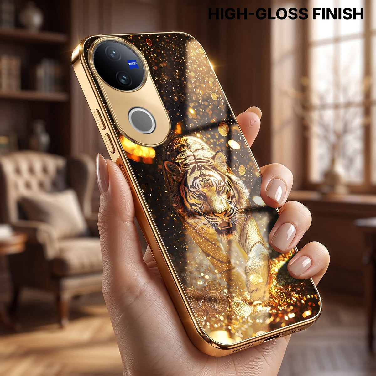 Vivo V50 5G Luxury Tiger Gold Electroplated Glass Case