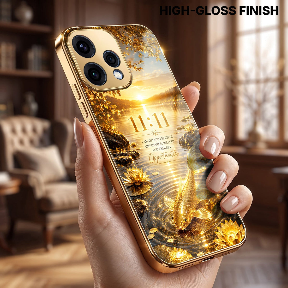 Oppo Reno 15 5G 11:11 Manifestation Gold Electroplated Glass Phone Back Case