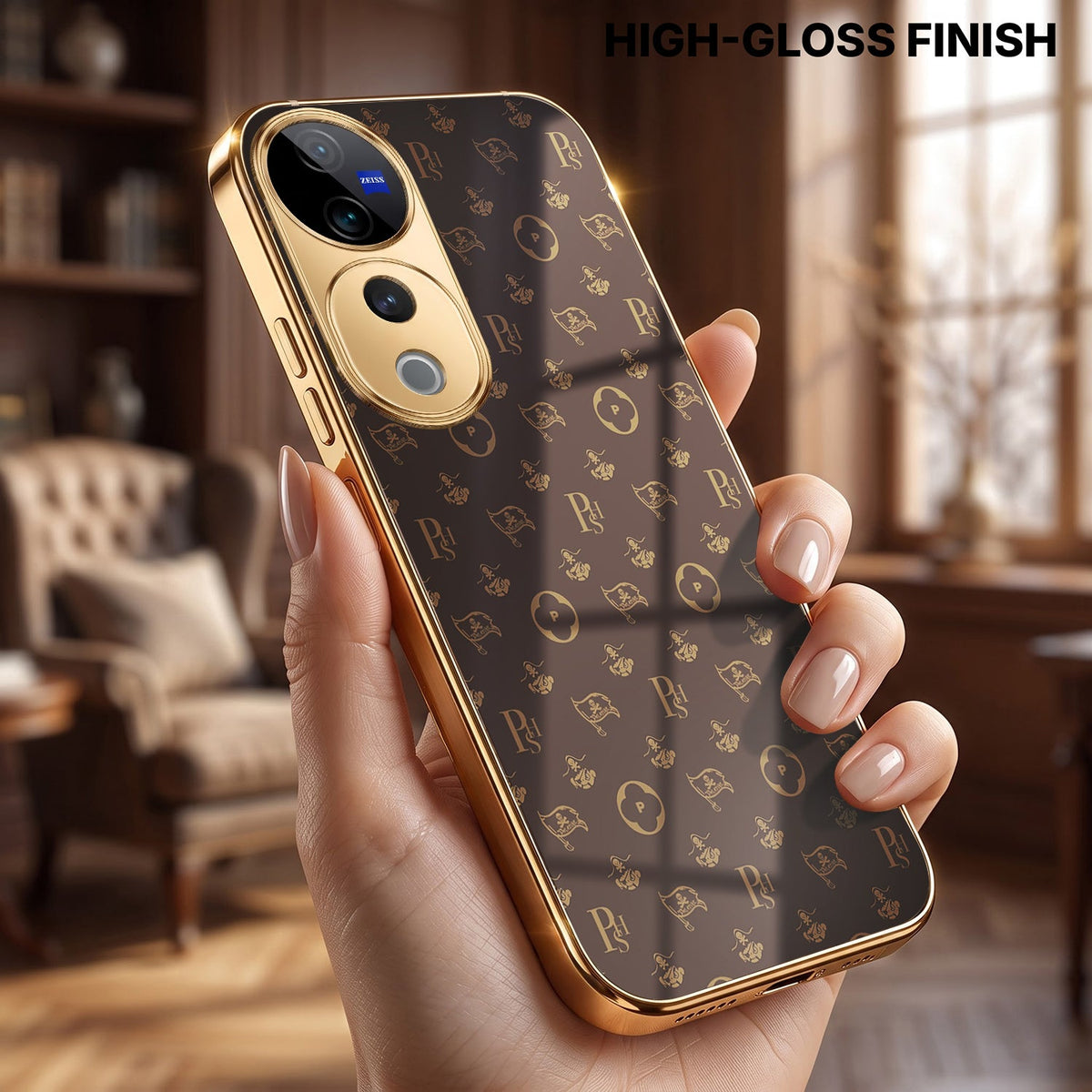 Vivo V40 Pro 5G Luxury Monogram Brown Electroplated Gold Glass Case