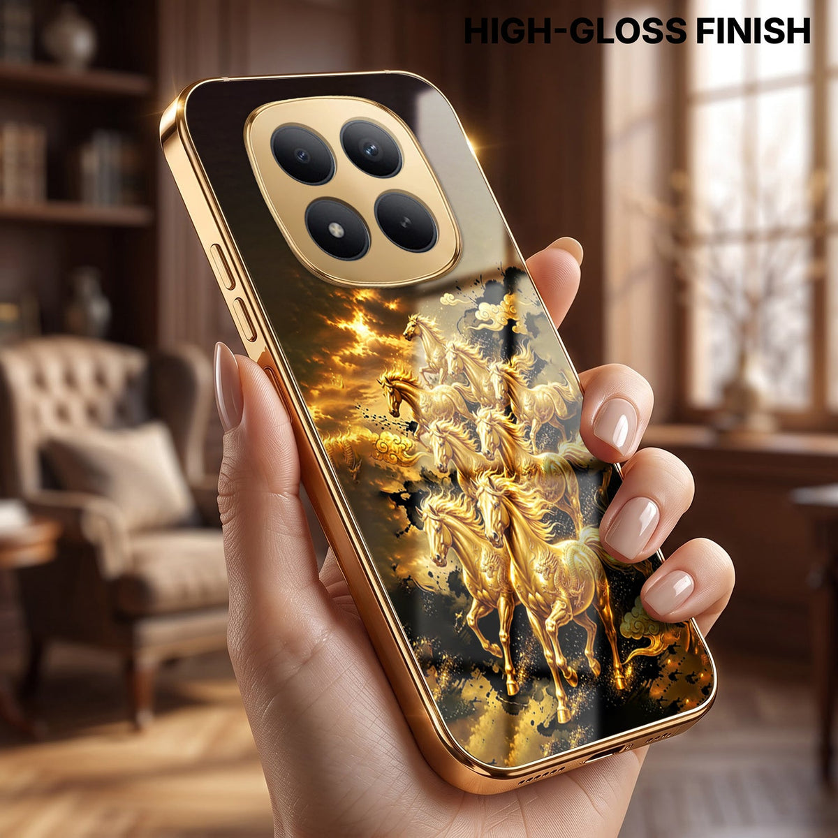 Redmi Note 15 Pro+ 5G Horses Royal Glory Gold Electroplated Glass Phone Back Case