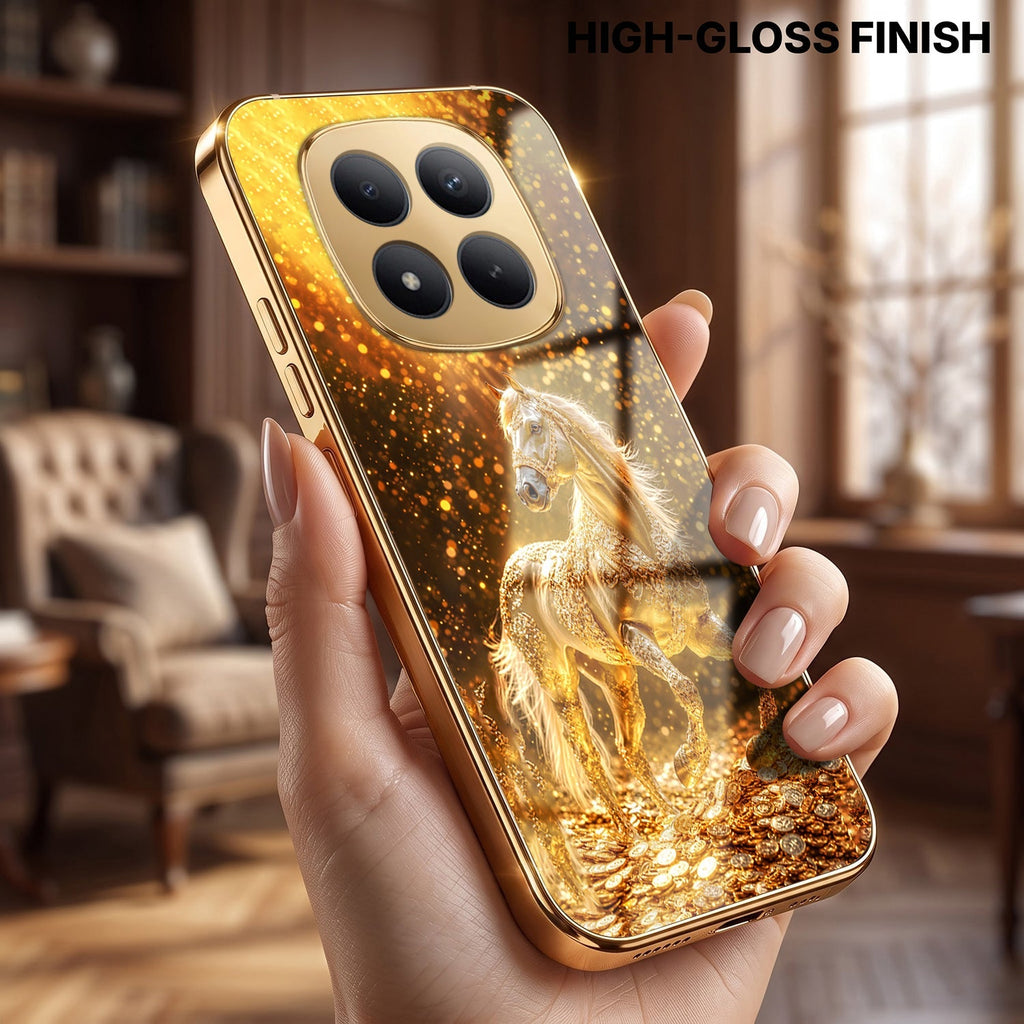 Redmi Note 15 Pro+ 5G Golden Horse Sparkle Gold Electroplated Glass Phone Back Case