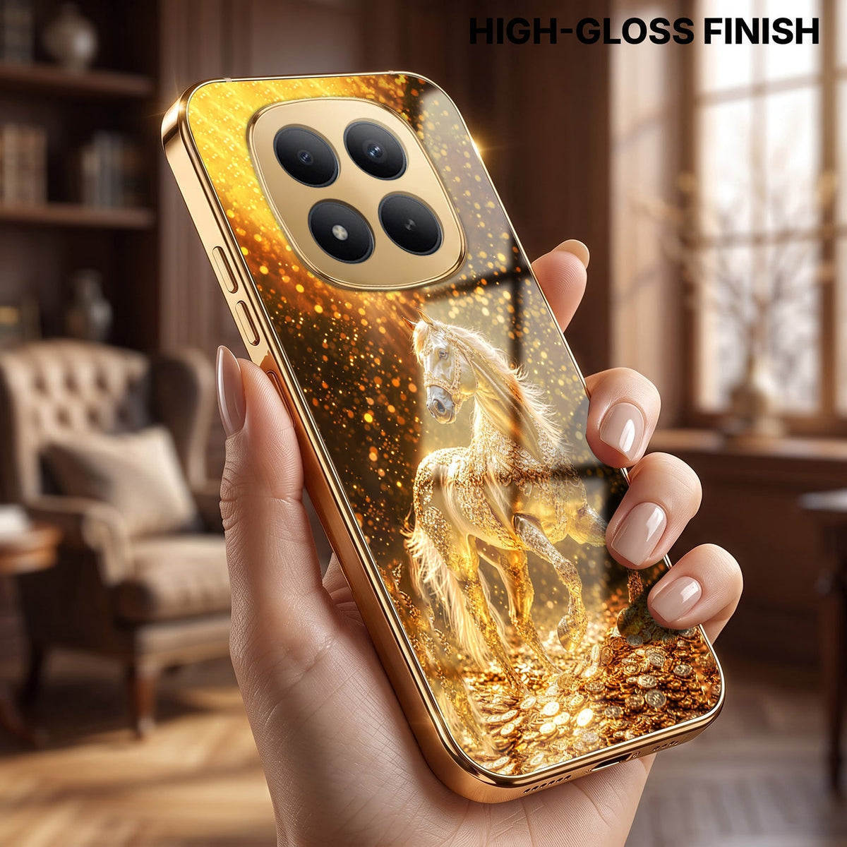 Redmi Note 15 Pro+ 5G Golden Horse Sparkle Gold Electroplated Glass Phone Back Case