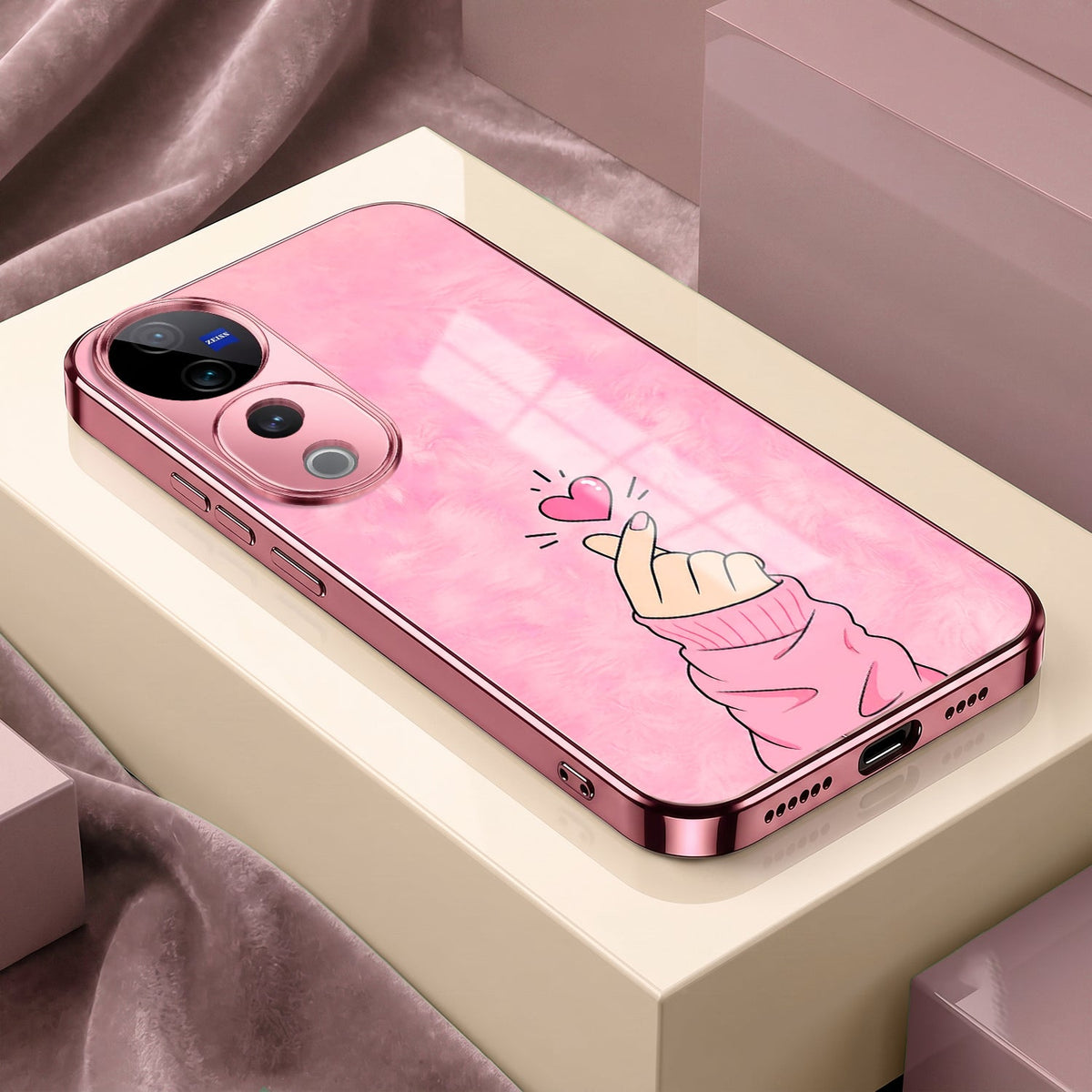 Vivo V40 Pro 5G Luxury Heart Pink Electroplated Glass Phone Back Case