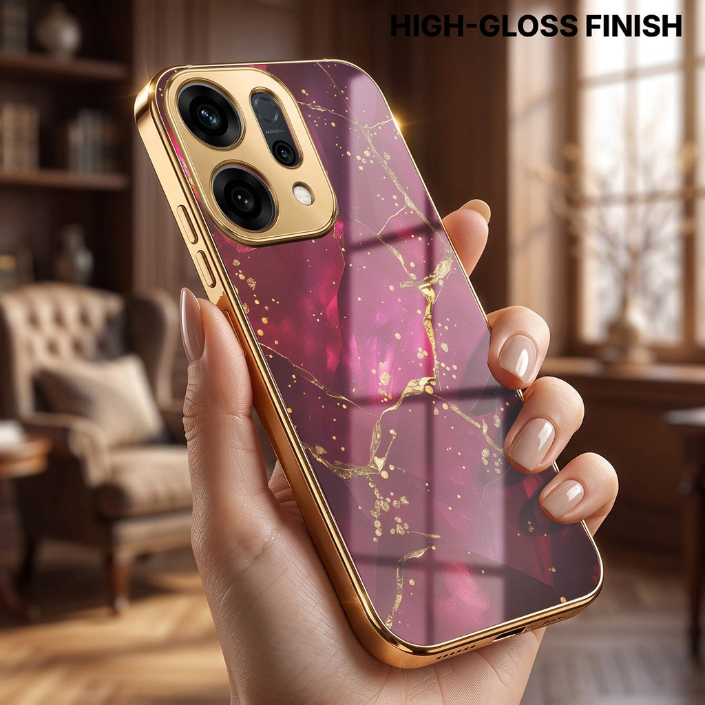 Oppo Reno 14 5G Luxury Crimson Gold Marble Electroplated Glass Case