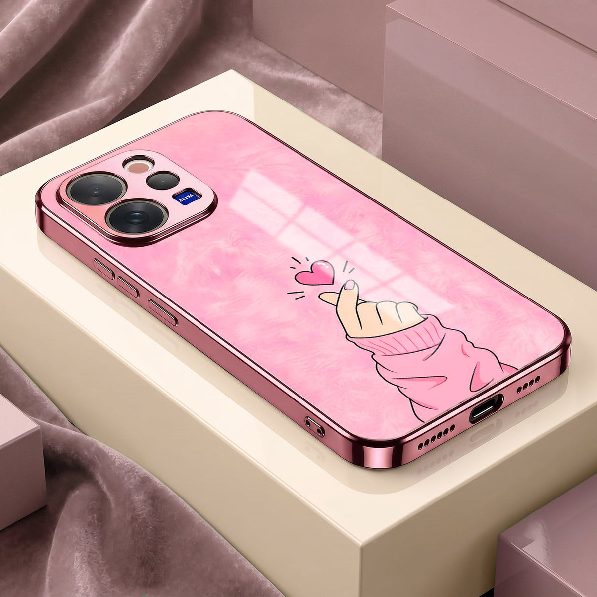 Vivo V70 5G Luxury Heart Pink Electroplated Glass Phone Back Case