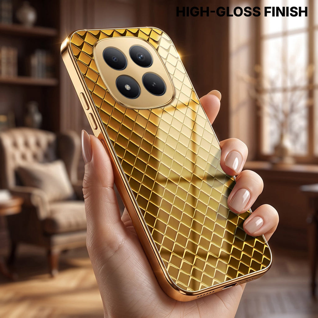 Redmi Note 15 Pro+ 5G Golden Criss Cross Gold Electroplated Glass Phone Back Case