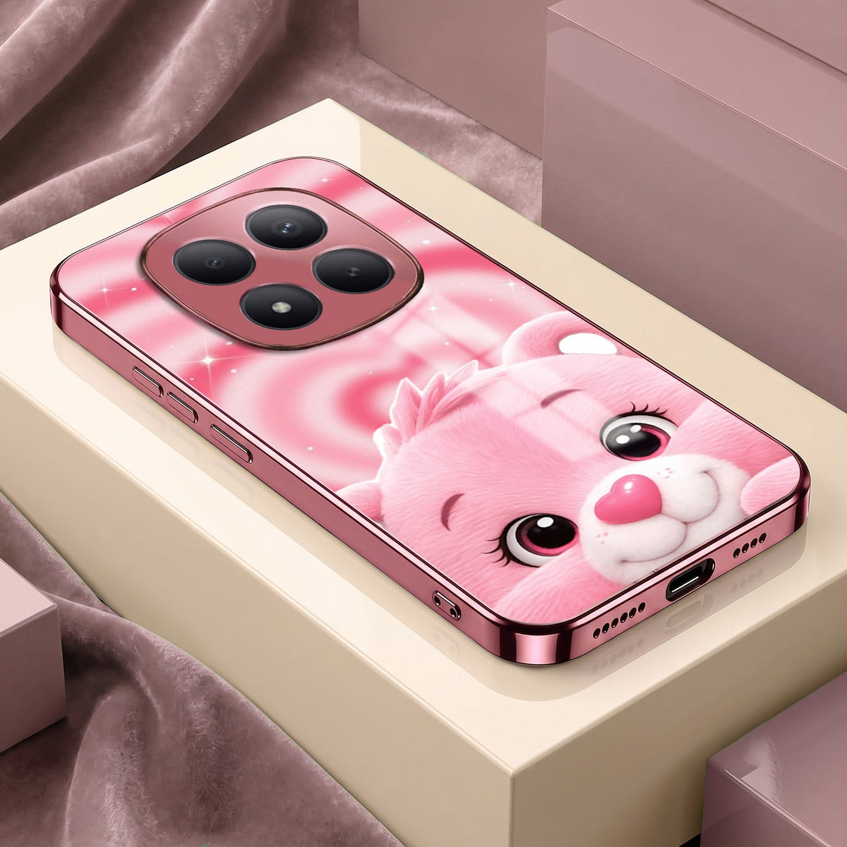 Redmi Note 15 Pro+ 5G Luxury Cute Teddy Pink Electroplated Glass Phone Back Case