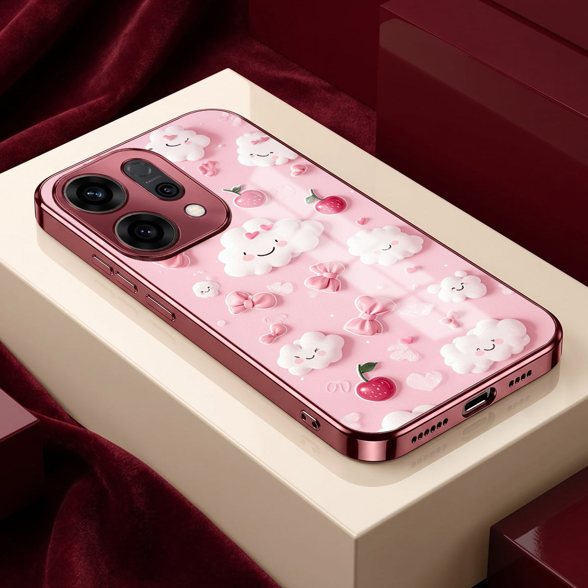 Oppo Reno 14 5G Luxury 3D Clouds Pink Electroplated Glass Phone Back Case