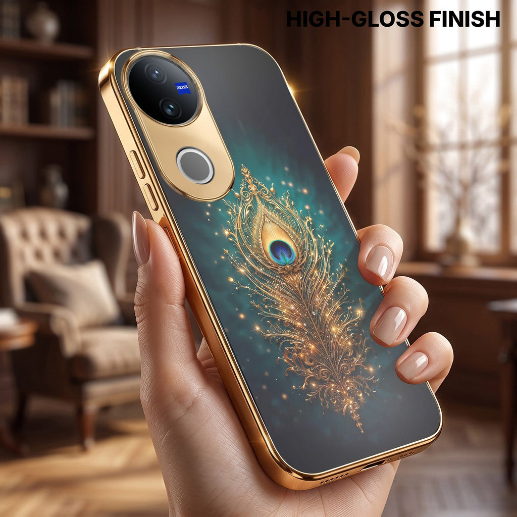 Vivo T4R 5G Golden Peacock Feather Gold Electroplated Glass Phone Back Case