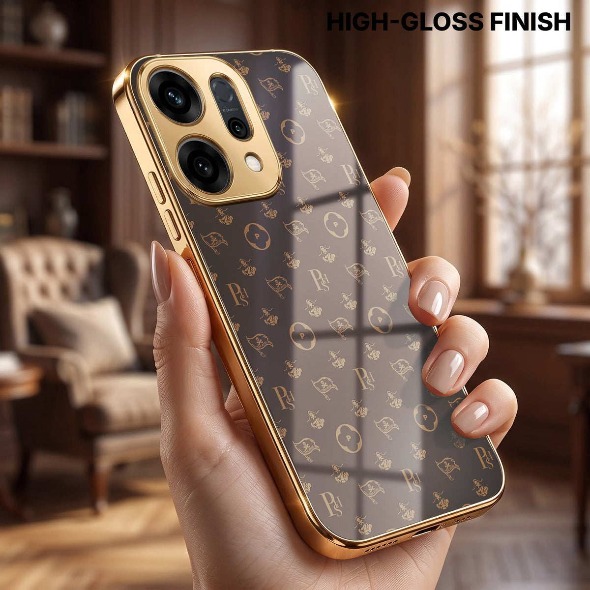 Oppo Reno 14 5G Luxury Monogram Brown Electroplated Gold Glass Case