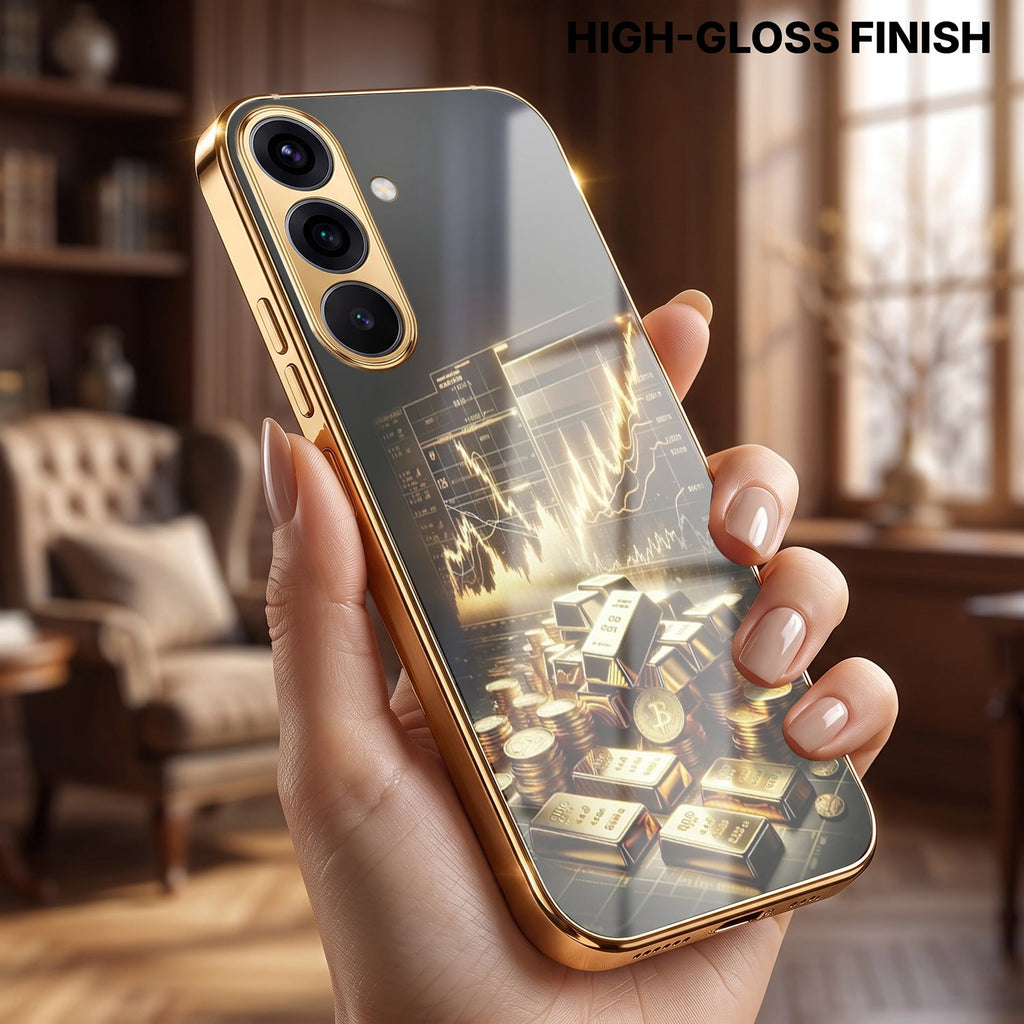 Samsung Galaxy A36 5G Luxury Wealth Trader Gold Electroplated Glass Phone Back Case