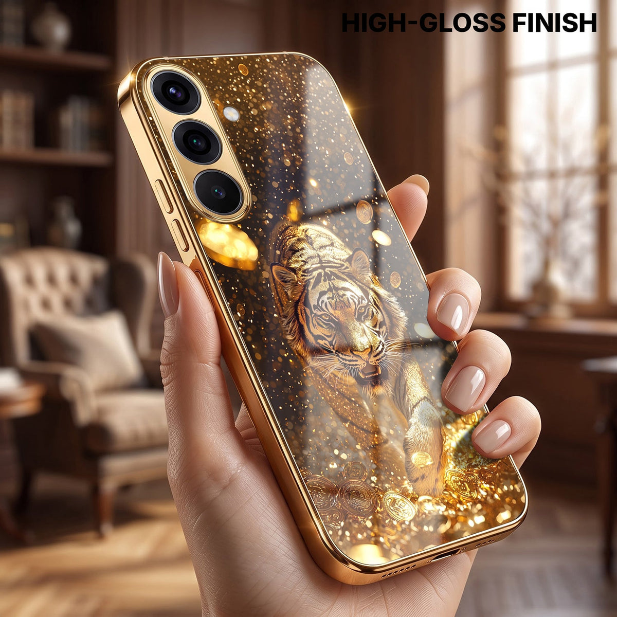 Samsung Galaxy A36 5G Luxury Tiger Gold Electroplated Glass Phone Back Case