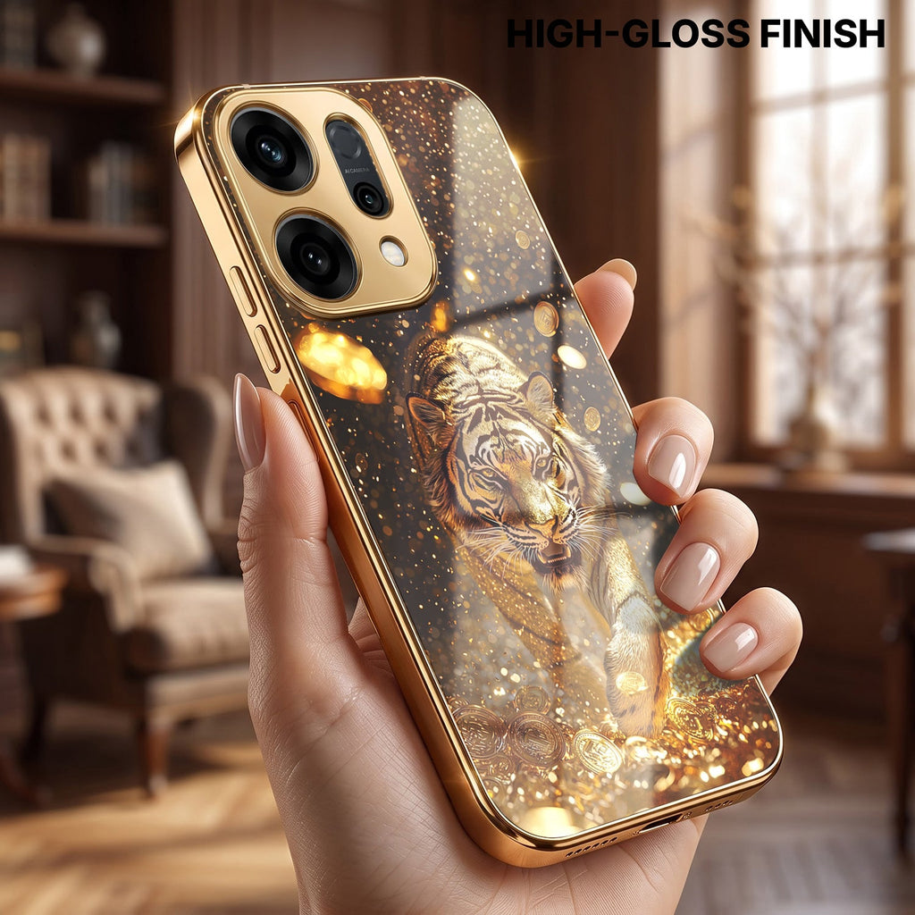 Oppo Reno 14 5G Luxury Tiger Gold Electroplated Glass Case