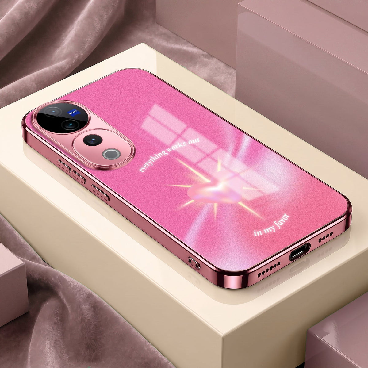 Vivo V40 Pro 5G Luxury Glowing Heart Pink Electroplated Glass Phone Back Case