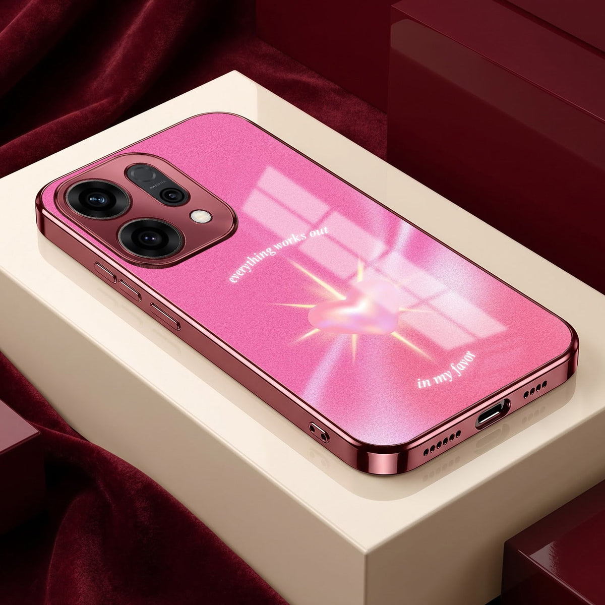 Oppo Reno 14 5G Luxury Glowing Heart Pink Electroplated Glass Phone Back Case