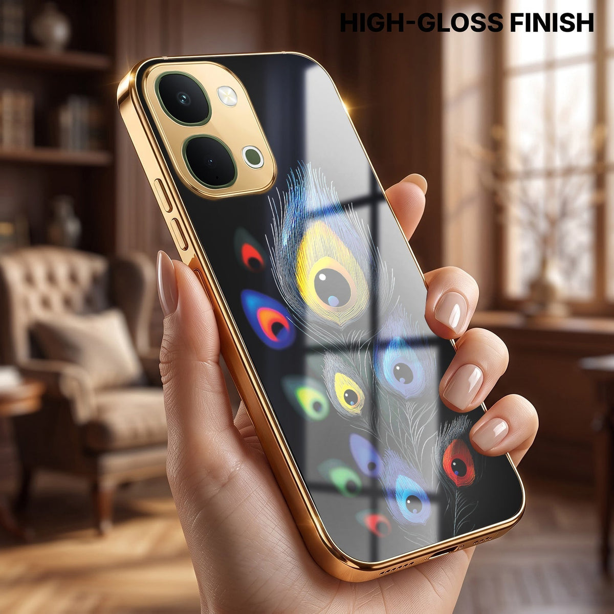 Vivo T5x 5G Multi-Feather Peacock Gold Electroplated Glass Phone Back Case