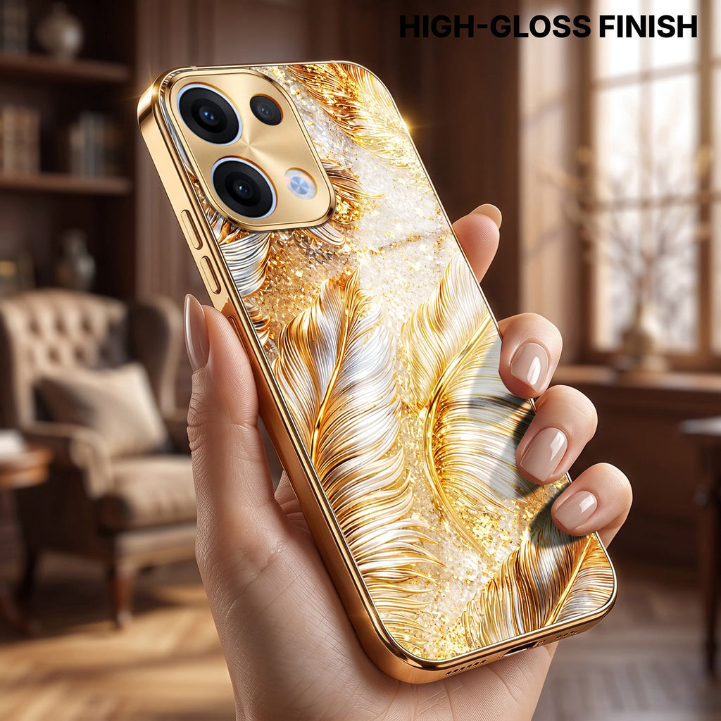 Oppo Reno 13 5G Golden Feather Marble Gold Electroplated Glass Phone Back Case