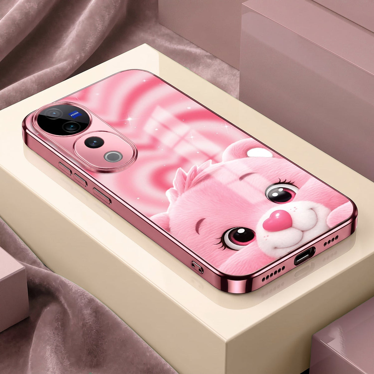 Vivo V40 Pro 5G Luxury Cute Teddy Pink Electroplated Glass Phone Back Case