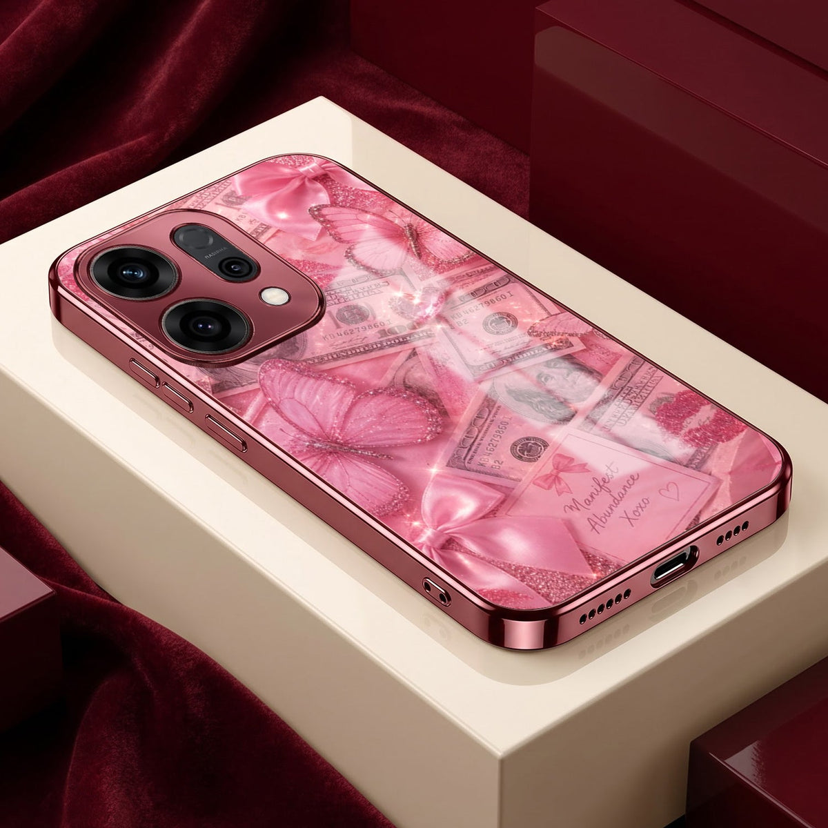 Oppo Reno 14 5G Luxury Dollar Butterfly Pink Electroplated Glass Phone Back Case
