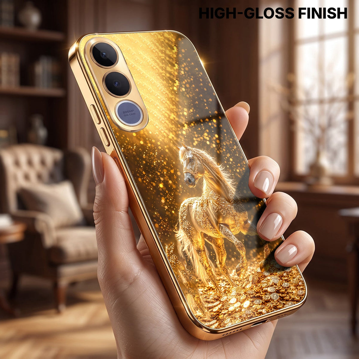 Vivo V70 FE 5G Golden Horse Sparkle Gold Electroplated Glass Phone Back Case