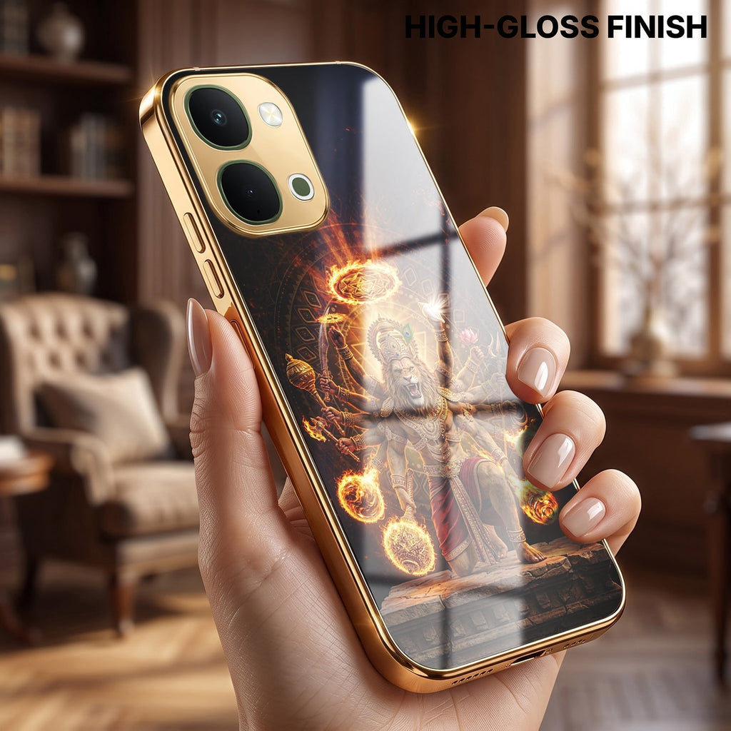 Vivo Y51 Pro 5G Lord Narasimha Gold Electroplated Glass Phone Back Case