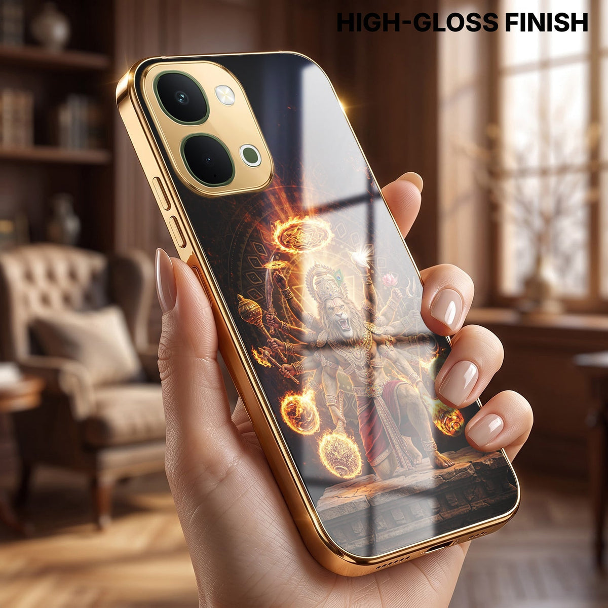 Vivo Y51 Pro 5G Lord Narasimha Gold Electroplated Glass Phone Back Case