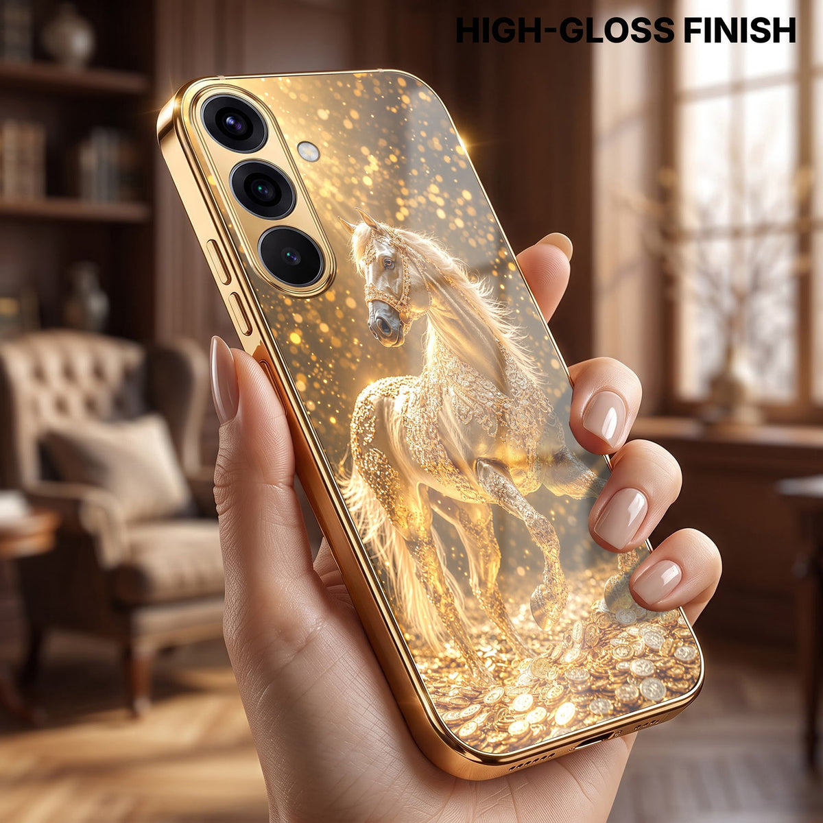 Samsung Galaxy A56 5G Golden Horse Sparkle Gold Electroplated Glass Phone Back Case