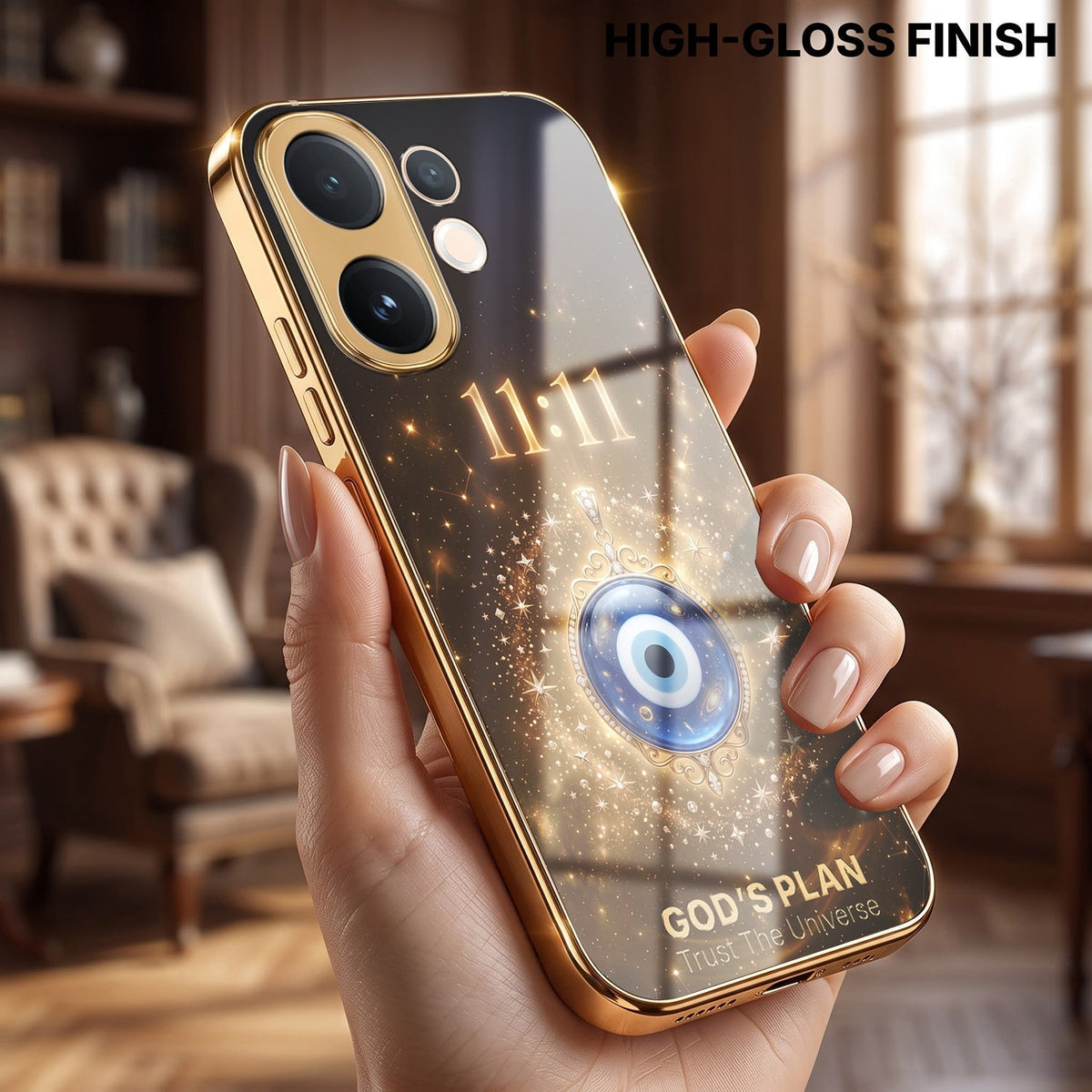 Vivo V60e 5G God’s Plan Evil Eye Gold Electroplated Glass Phone Back Case