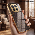 Redmi Note 15 Pro Plus 5G Luxury Monogram Brown Gold Electroplated Glass Phone Back Case