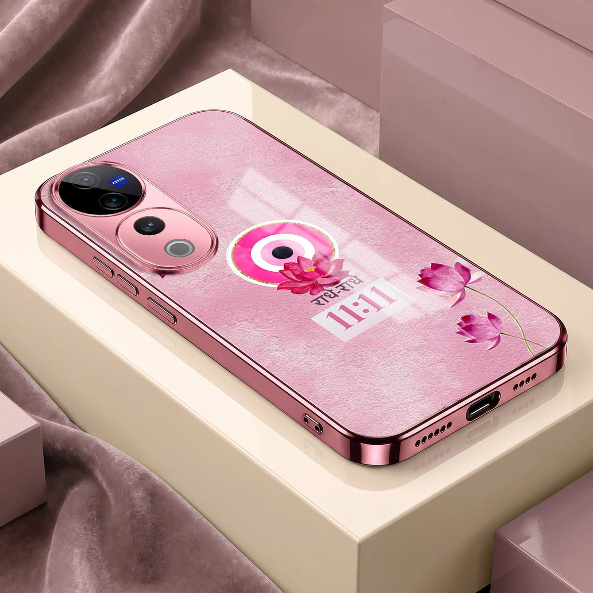 Vivo V40 Pro 5G Luxury Radhe Radhe 11:11 Pink Electroplated Glass Phone Back Case
