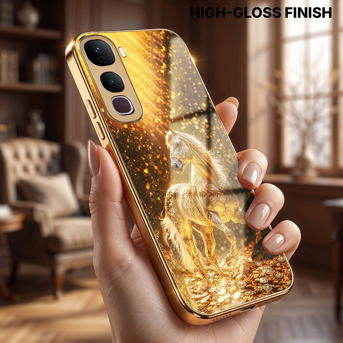 Vivo Y400 Pro 5G Golden Horse Sparkle Gold Electroplated Glass Phone Back Case