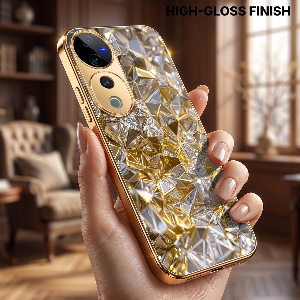 Vivo V40 Pro 5G White Diamond Shatter Gold Electroplated Glass Phone Back Case