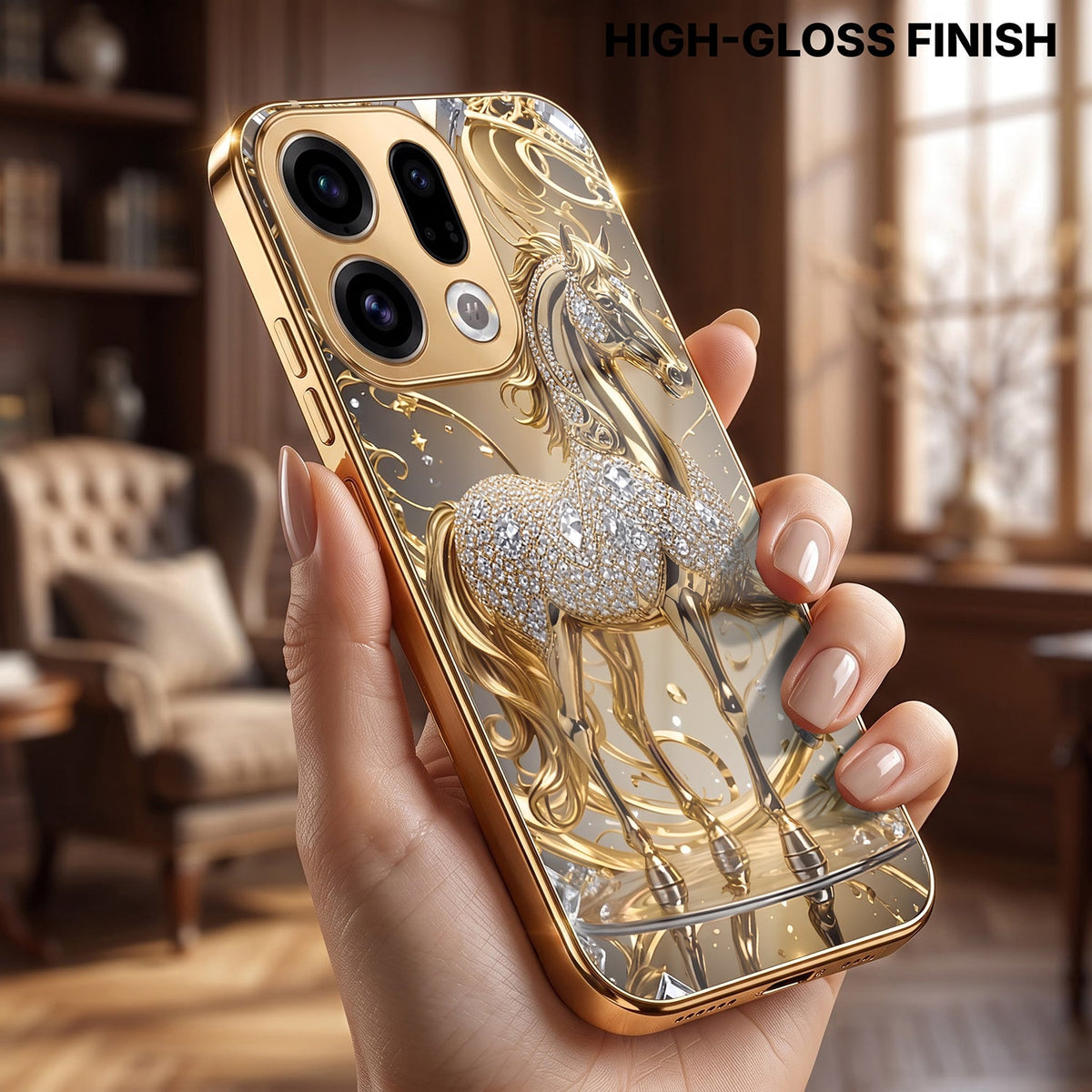 Oppo Find X9 5G Luxury Horse Texture Gold Electroplated Glass Phone Back Case