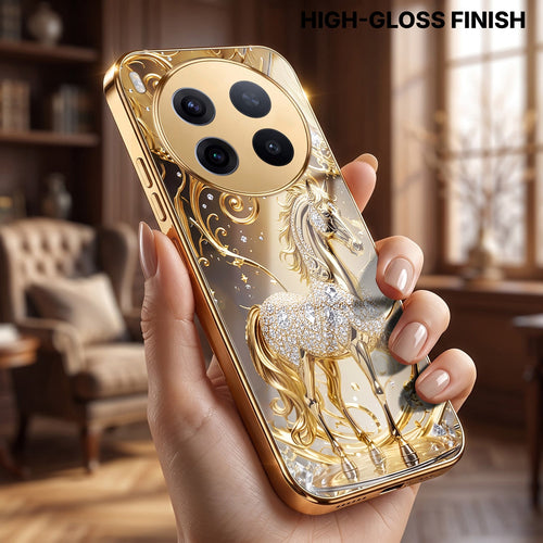 Vivo X300 Pro 5G Luxury Horse Texture Gold Electroplated Glass Phone Back Case