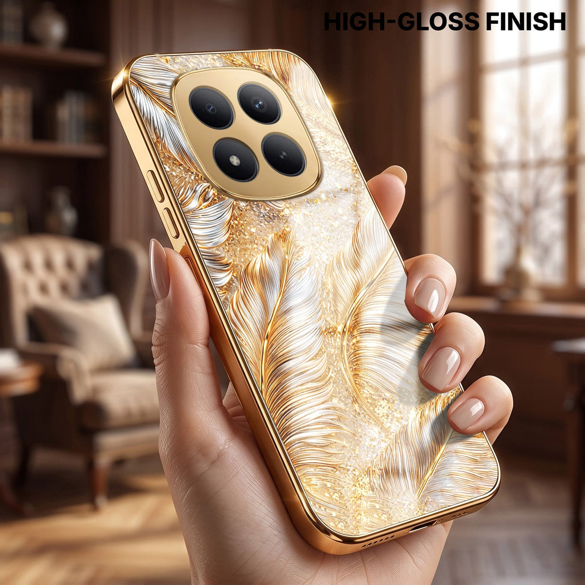 Redmi Note 15 Pro+ 5G Golden Feather Marble Gold Electroplated Glass Phone Back Case
