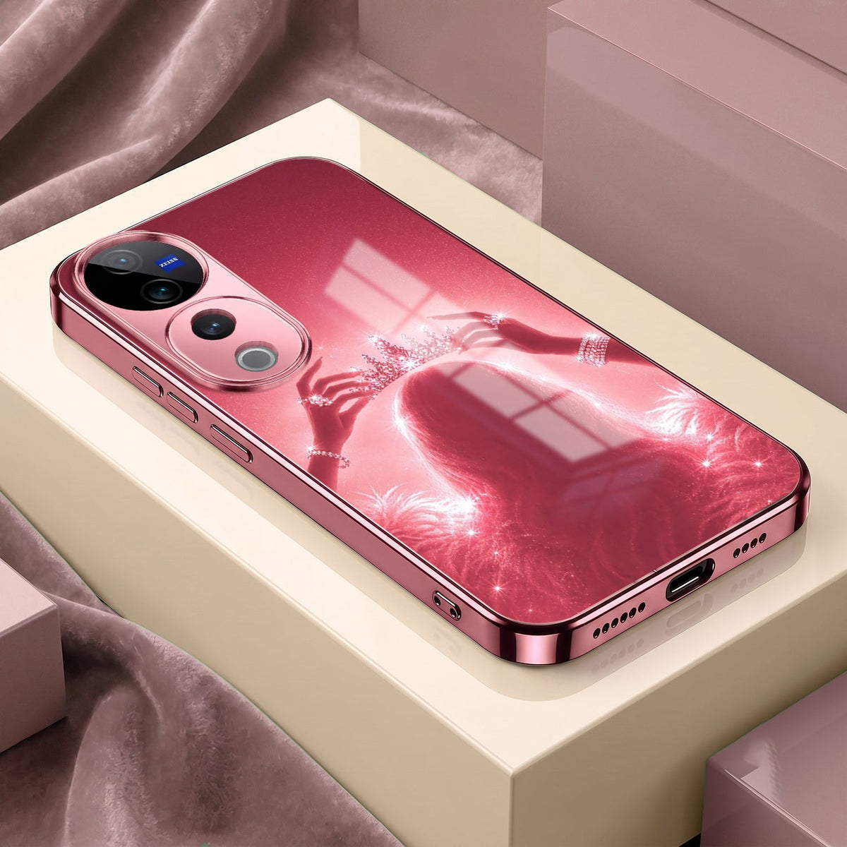 Vivo V40 Pro 5G Luxury Crown Queen Pink Electroplated Glass Phone Back Case