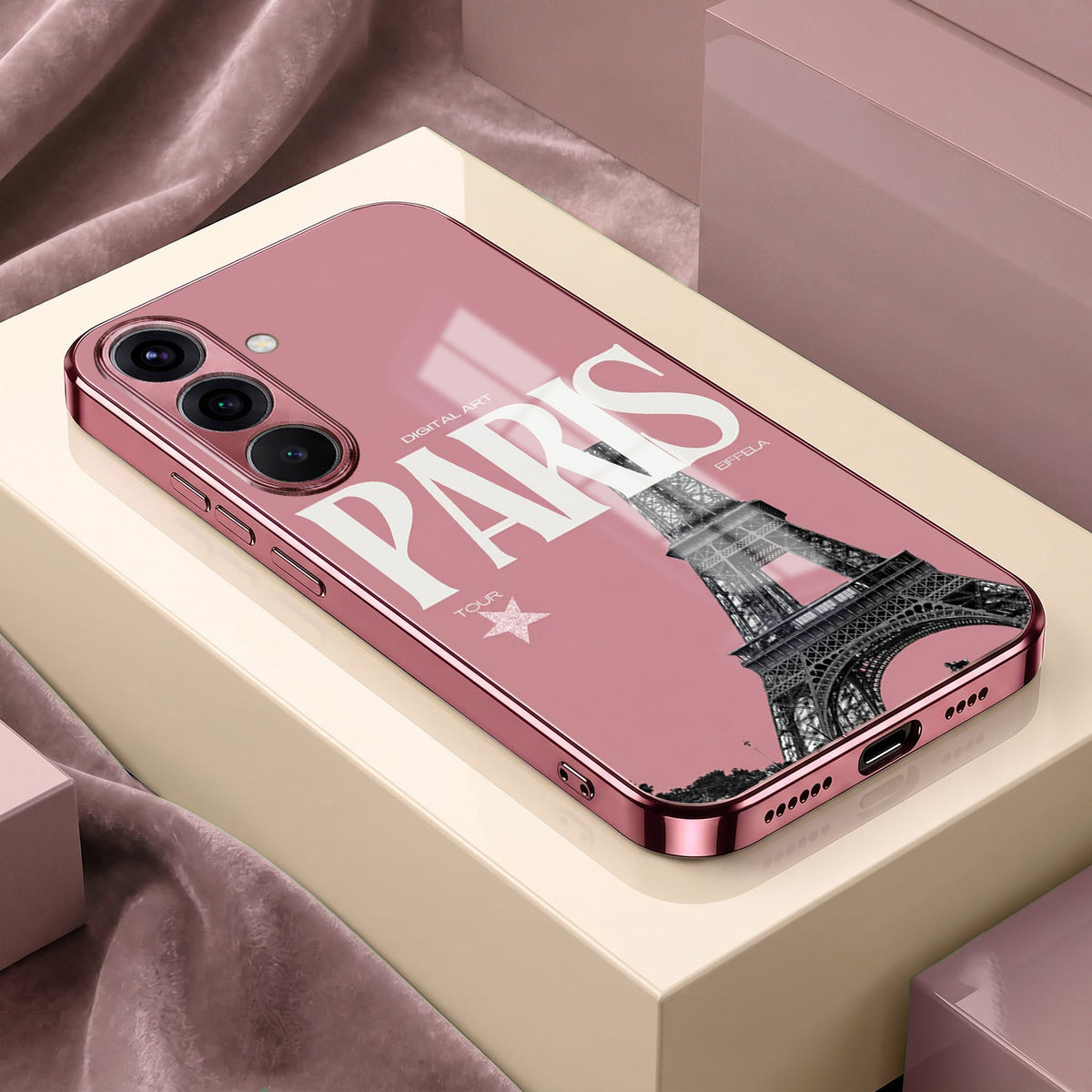 Samsung Galaxy A56 5G Luxury Paris Tower Pink Electroplated Glass Phone Back Case