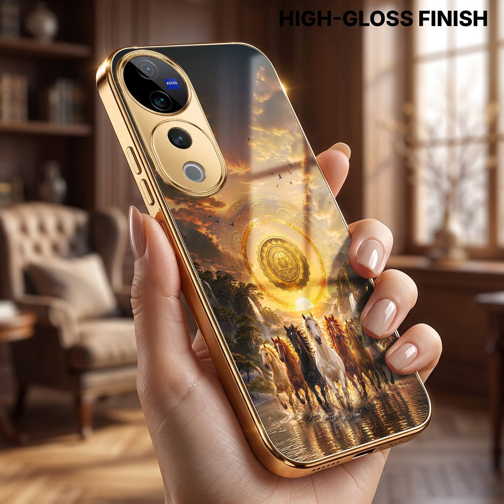 Vivo V40 Pro 5G Celestial Seven Horses Gold Electroplated Glass Phone Back Case