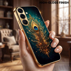 Samsung Galaxy A56 5G Golden Peacock Feather Gold Electroplated Glass Phone Back Case