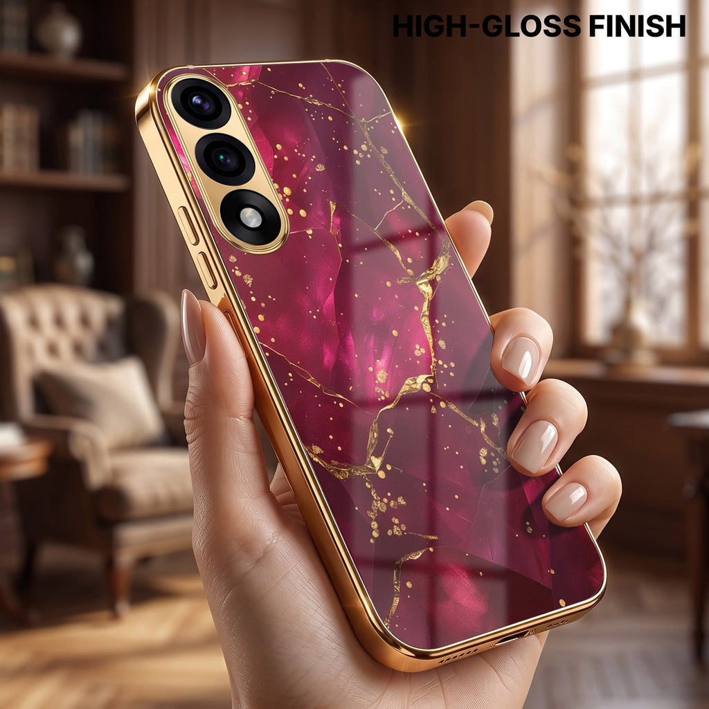 Oneplus Nord 5 5G Luxury Crimson Marble Gold Electroplated Glass Phone Back Case